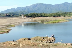 Lòng hồ Lanh Ra (ở xã Phước Vinh, huyện Ninh Phước) còn những vũng nước để người dân ngồi câu cá. (Ảnh: Công Thử/TTXVN)