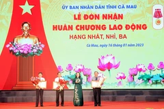 Thừa ủy quyền của Chủ tịch nước, Phó Chủ tịch nước Võ Thị Ánh Xuân trao tặng Huân chương Lao động hạng Nhì cho 3 đồng chí nguyên là lãnh đạo tỉnh Cà Mau. (Ảnh: Huỳnh Anh/TTXVN)