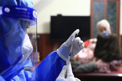 Y tá Hoàng Thùy Linh (trạm y tế phường Hàng Bài, Hoàn Kiếm) chuẩn bị tiêm vaccine Pfizer cho người cao tuổi, có bệnh lý nền ngay tại nhà. (Ảnh: Hoàng Hiếu/TTXVN) 