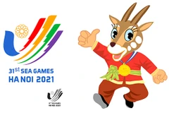 Biểu trưng Cánh chim bay lên-bàn tay chữ V và linh vật (Sao La) của SEA Games 31. (Nguồn: baochinhphu.vn) 