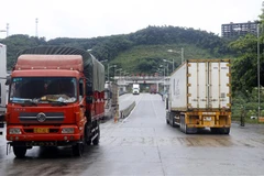 Các xe container chờ làm thủ tục xuất khẩu hàng nông sản tại cửa khẩu quốc tế đường bộ số II Kim Thành, Lào Cai. (Ảnh: Quốc Khánh/TTXVN) 