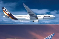 Máy bay Airbus A350-800 (trên) và Boeing 787 (dưới). (Ảnh: AFP/TTXVN) 