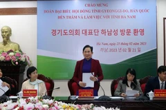 Bí thư Tỉnh ủy Hà Nam Lê Thị Thủy phát biểu tại buổi làm việc. (Ảnh: Nguyễn Chinh/TTXVN)