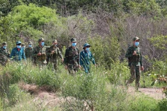 Chiến sỹ Đồn Biên phòng Lộc An (Bình Phước) tuần tra khu vực cột mốc 66 biên giới Việt Nam-Campuchia. (Ảnh: Sỹ Tuyên/TTXVN) 