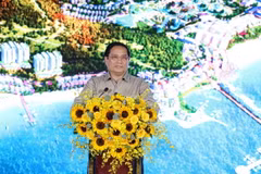 Thủ tướng Phạm Minh Chính phát biểu tại Lễ khởi công Tổ hợp du lịch nghỉ dưỡng và giải trí biển Hòn Thơm. (Ảnh: Dương Giang/TTXVN)