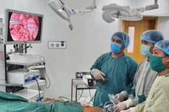 Các bác sỹ phẫu thuật nội soi cho bệnh nhân. (Nguồn: TTXVN phát) 