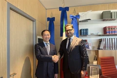 Đại sứ Dương Hải Hưng và Chủ tịch Hội đồng Vùng Puglia, ông Cera Napoleone. (Ảnh: Dương Hoa/TTXVN)