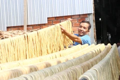 Người thợ phơi cọng tàu hũ ky lên giàn. (Ảnh: Lê Thúy Hằng/TTXVN)