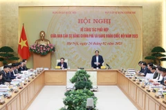 Thủ tướng Phạm Minh Chính phát biểu tại Hội nghị về công tác phối hợp giữa Ban cán sự Đảng Chính phủ và Đảng đoàn Quốc hội năm 2023. (Ảnh: Dương Giang/TTXVN) 