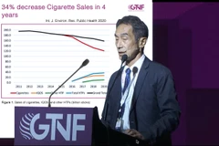 Bác sỹ Hiroya Kumamaru công bố thành tựu giảm 34% doanh số thuốc lá điếu của Nhật Bản tại Diễn đàn Nicotine và Thuốc lá Toàn cầu sáng 20/9. (Nguồn: Vietnam+)