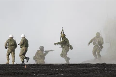 Lực lượng Phòng vệ trên bộ (GSDF) của Nhật Bản tham gia tập trận chung với lực lượng Lính thủy đánh bộ Mỹ trên đảo Shizuoka, miền Trung Nhật Bản, ngày 23/3/2022. (Ảnh: Kyodo/TTXVN) 
