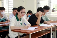 Em Vũ Thị Vân Anh trong một tiết ôn tập. (Ảnh: Nguyễn Lành/TTXVN)