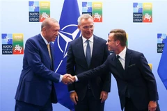 Tổng thống Thổ Nhĩ Kỳ Recep Tayyip Erdogan, Tổng Thư ký Tổ chức Hiệp ước Bắc Đại Tây Dương (NATO) Jens Stoltenberg và Thủ tướng Thụy Điển Ulf Kristersson trong cuộc gặp trước thềm Hội nghị thượng đỉnh NATO ở Vilnius (Litva) ngày 10/7/2023. (Ảnh: AFP/TTXVN