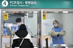 Nhân viên y tế lấy mẫu xét nghiệm COVID-19 cho hành khách tại sân bay Incheon, Hàn Quốc, ngày 3/1/2023. (Ảnh: AFP/TTXVN)