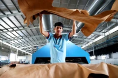 Công nhân làm nguyên phụ liệu giày da tại thị xã Tân Uyên, Bình Dương. (Ảnh: Hồng Đạt/TTXVN) 