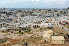 Lều tạm dành cho những người dân bị mất nhà cửa sau trận động đất tại thị trấn Harim, tỉnh Idlib, Syria, ngày 11/2/2023. (Ảnh: AFP/TTXVN)