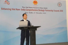 Đại sứ Việt Nam tại Ấn Độ Nguyễn Thanh Hải phát biểu khai mạc diễn đàn. (Ảnh: Ngọc Thúy/TTXVN)