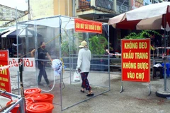 Người dân phải qua buồng khử khuẩn tự động trước khi vào mua hàng tại một chợ ở tỉnh Nghệ An. (Ảnh: Tá Chuyên/TTXVN) 