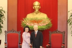 Tổng Bí thư Nguyễn Phú Trọng tiếp Chủ tịch Quốc hội Campuchia Samdech Khuon Sudary. (Ảnh: Trí Dũng/TTXVN)