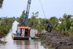 Nạo vét kênh thủy lợi nội đồng trữ nước ứng phó hạn mặn ở huyện Hòn Đất, vùng Tứ giác Long Xuyên (Kiên Giang). (Ảnh: Lê Huy Hải/TTXVN) 