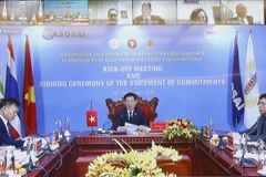 Tổng Kiểm toán Nhà nước Hồ Đức Phớc phát biểu trực tuyến khởi động triển khai cuộc kiểm toán hợp tác việc quản lý nguồn nước lưu vực sông Mekong. (Ảnh: Doãn Tấn/TTXVN) 