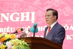 Ông Đinh Tiến Dũng, Bí thư Thành ủy, Trưởng ban Chỉ đạo cuộc bầu cử đại biểu Quốc hội khóa XV và đại biểu Hội đồng Nhân dân các cấp nhiệm kỳ 2021-2026 thành phố Hà Nội, phát biểu chỉ đạo hội nghị. (Ảnh: Nguyễn Điệp/TTXVN) 