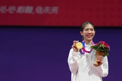 Nữ Võ sỹ Thái Lan Panipak Wongpattanakit giành huy chương Vàng Taekwondo, hạng cân 49kg, tại ASIAD 2023 ở Hàng Châu, Trung Quốc, ngày 25/9/2023. (Ảnh: THX/TTXVN)