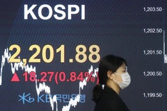 Bảng chỉ số chứng khoán tại Seoul, Hàn Quốc. (Nguồn: Yonhap/TTXVN) 