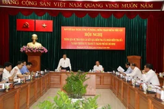 Ông Phan Đình Trạc, Ủy viên Bộ Chính trị, Bí thư Trung ương Đảng, Trưởng Ban Nội chính Trung ương, Phó Trưởng ban Thường trực Ban Chỉ đạo phát biểu tại hội nghị. (Ảnh: Thanh Vũ/TTXVN) 
