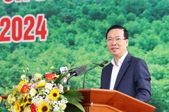 Chủ tịch nước Võ Văn Thưởng phát biểu tại Lễ phát động Tết trồng cây “Đời đời nhớ ơn Bác Hồ” Xuân Giáp Thìn 2024. (Ảnh: Thống Nhất/TTXVN)