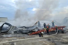Lực lượng chữa cháy nỗ lực dập lửa. (Ảnh: Đinh Văn Nhiều/TTXVN) 