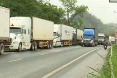 Xe nông sản ùn ứ dài trên Quốc lộ 1A khu vực thị trấn Đồng Đăng, Lạng Sơn. (Ảnh: Quang Duy/TTXVN) 