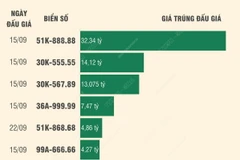 Những biển số ôtô được trả giá cao nhất thông qua đấu giá trực tuyến. (Nguồn: TTXVN)
