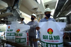 Đóng bao sản phẩm phân đạm tại nhà máy Đạm Cà Mau. (Ảnh: Huy Hùng/TTXVN)