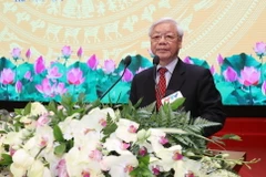 Tổng Bí thư Nguyễn Phú Trọng phát biểu tại lễ kỷ niệm. (Ảnh: Trí Dũng/TTXVN)