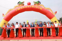 Lãnh đạo tỉnh Hà Tĩnh cắt băng thông cầu. (Ảnh: Phan Quân/TTXVN)