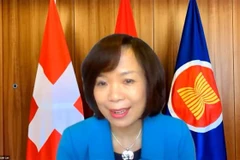 Đại sứ Lê Linh Lan phát biểu tại Hội thảo trực tuyến về thị trường Việt Nam tại Thụy Sĩ. (Ảnh: Tố Uyên/TTXVN)