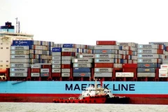 Tàu cứu hộ quá nhỏ bé với siêu tàu Grete Maersk. (Nguồn: Internet)