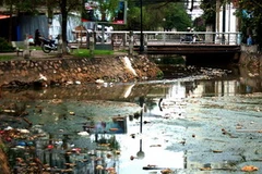 Rác thải trên hồ Trúc Bạch. (Ảnh: Bùi Tường/TTXVN)