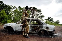 Một binh sĩ lực lượng quân đội giải phóng Nhân dân Sudan bên chiếc xe bị đốt cháy trong cuộc phục kích các phiến quân. (Nguồn: AFP/TTXVN)