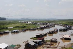 Lòng sông La Ngà - chi lưu của sông Đồng Nai bị thu hẹp do cạn kiệt nguồn nước. (Nguồn: TTXVN)