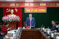 Bí thư Tỉnh ủy Hải Dương Phạm Xuân Thăng phát biểu tại lễ ký kết quyết định hợp tác một dự án đầu tư tại thành phố Hải Dương, ngày 15/2/2022. (Ảnh: Mạnh Tú/TTXVN)