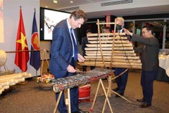 Khách quốc tế vui thích khi được chơi thử nhạc cụ dân tộc truyền thống của Việt Nam. (Ảnh: Hương Giang/TTXVN)