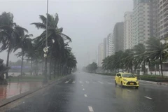 Gió giật mạnh liên hồi kèm theo mưa lớn khu vực ven biển Mỹ Khê (Đà Nẵng). Ảnh: Văn Dũng - TTXVN