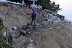 Nhiều hộ dân xây tạm bờ kè nhằm hạn chế tình trạng sạt lở, xâm thực tại biển Cửa Đại. (Ảnh: Trần Lê Lâm/TTXVN)