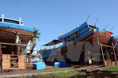 Đóng tàu công suất lớn tại Hợp tác xã đóng - sửa tàu thuyền Cổ Lũy (thành phố Quảng Ngãi). (Ảnh: Nguyễn Đăng Lâm/TTXVN)