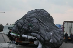 Xe chở hàng hóa và công dân Hàn Quốc rời khỏi khu công nghiệp Kaesong ngày 11/2. (Nguồn: AFP/TTXVN)