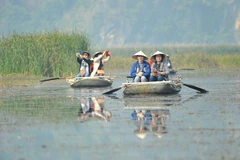 Du khách trong và ngoài nước tham quan khu bảo tồn thiên nhiên đất ngập nước Vân Long bằng thuyền. (Ảnh: Minh Đức/TTXVN)