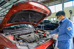 Nhân viên đăng kiểm thực hiện quy trình kiểm định xe cơ giới. (Ảnh: Hoài Nam/Vietnam+)
