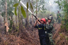 Cán bộ chiến sỹ Bộ Chỉ huy Quân sự tỉnh Kiên Giang chữa cháy rừng tràm. (Ảnh: Lê Phương Vũ/TTXVN)